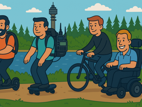 4 personer som är på väg ut med sina transportmedel.