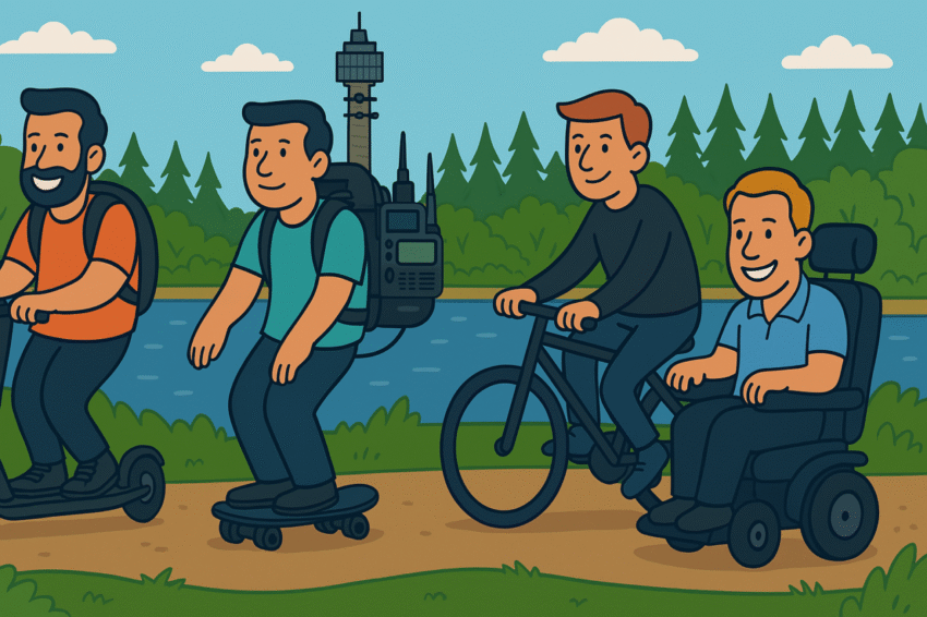 4 personer som är på väg ut med sina transportmedel.