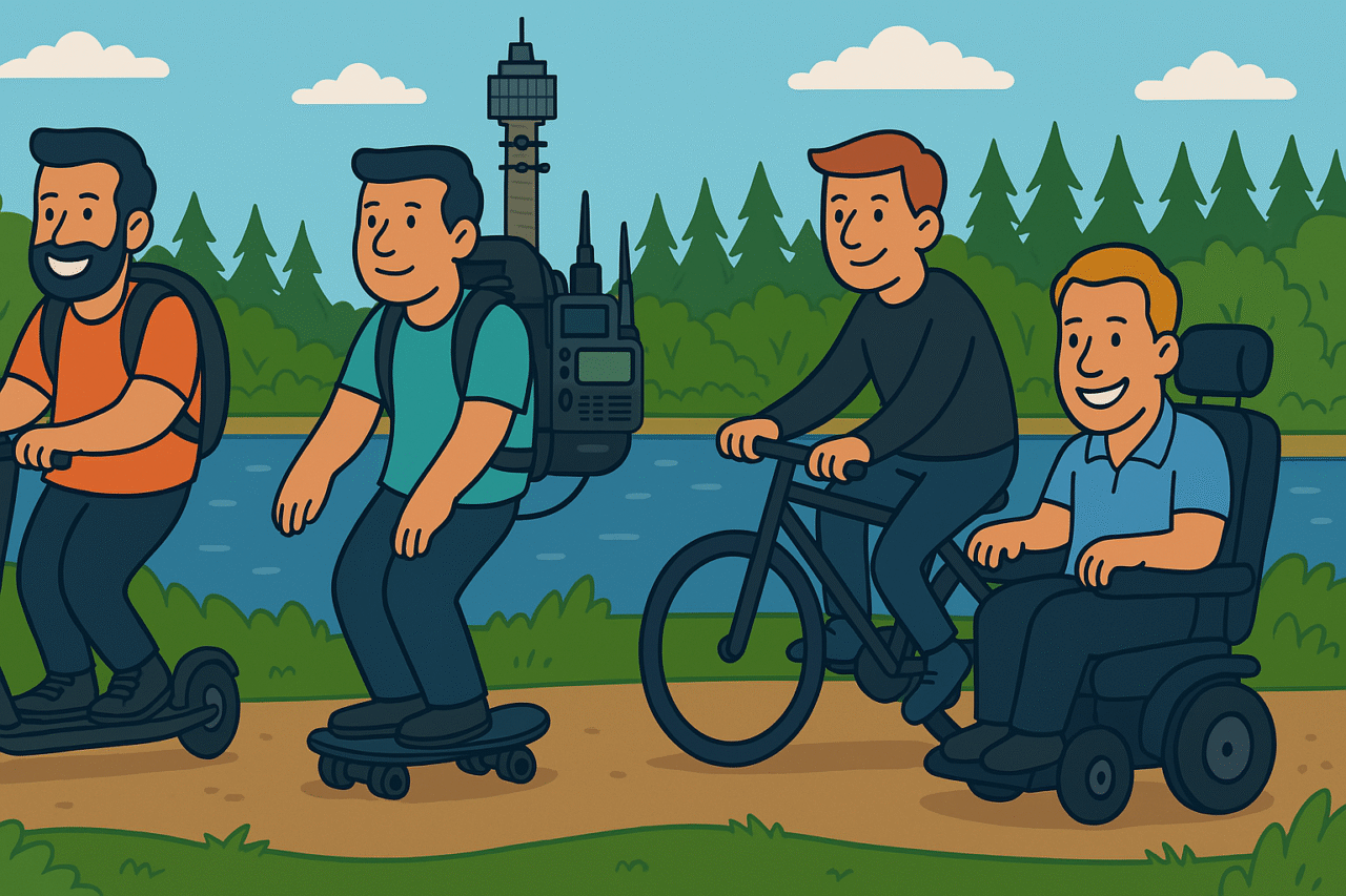 4 personer som är på väg ut med sina transportmedel. Bilden är Ai-genererad.