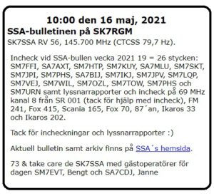 SK7SSA – bulletinen på SK7RGM 16 maj 2021.
