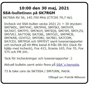 SK7SSA – bulletinen på SK7RGM 30 maj 2021.