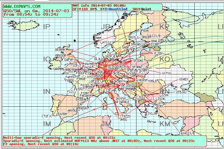 Skärmdump från DX-Maps. Sporadiskt E den 3 juli från klockan 8.54 Z och en halvtimme framåt.