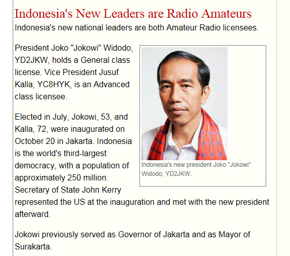 Skärmdump ur ARRL:s nyhetsbrev för oktober 2014. Indonesiens president och vicepresident är båda radioamatörer. Länk till nyhetsbrevet: se nedan.